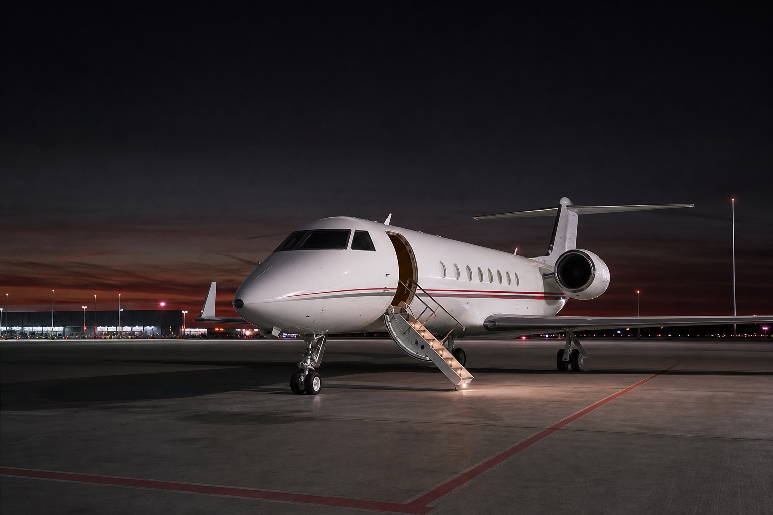 Private jet prepared for an evening charter flight